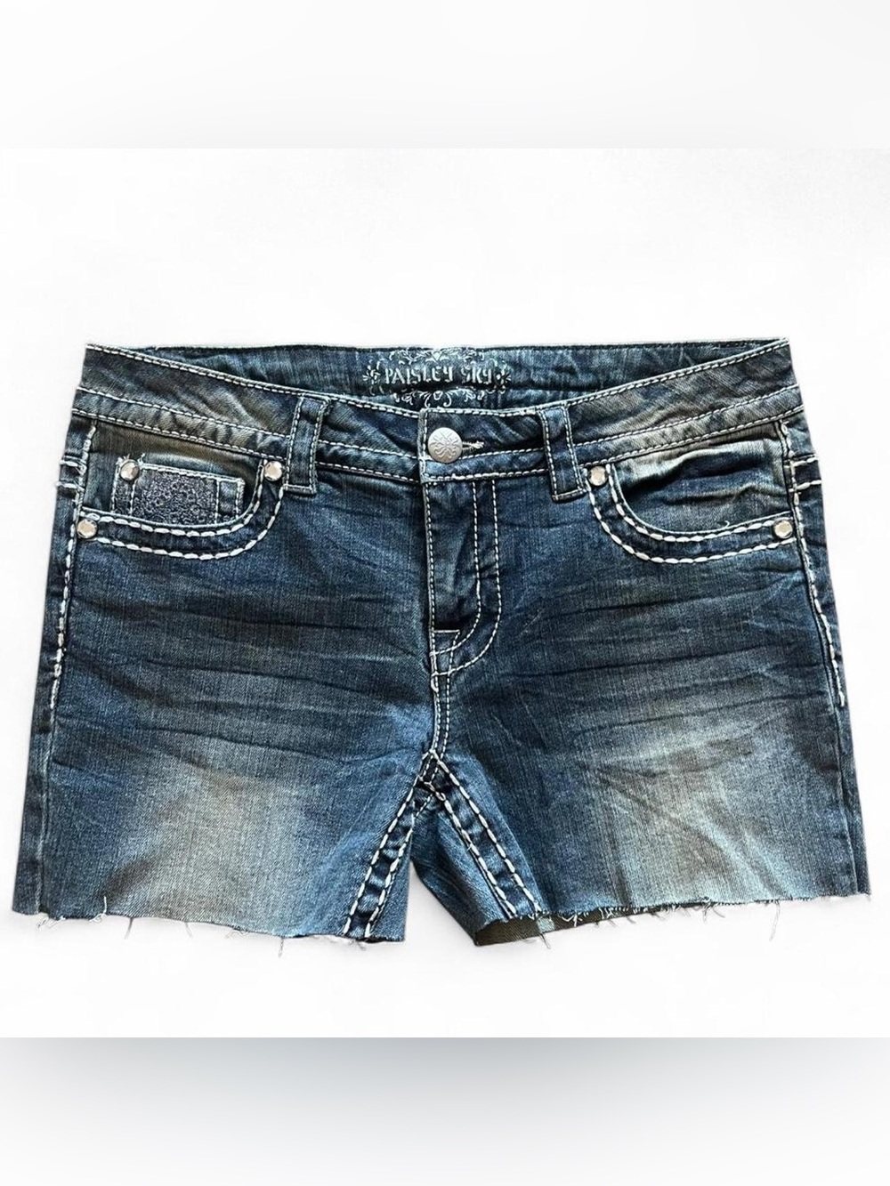 Paisley Sky Mid 2000s RhinestoneDark Wash Denim Cutoff Shorts